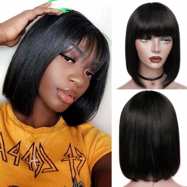 

short bob wigs human hair brazilian straight human hair bob wigs with bangs for black women full machine made bob wig, Black;brown