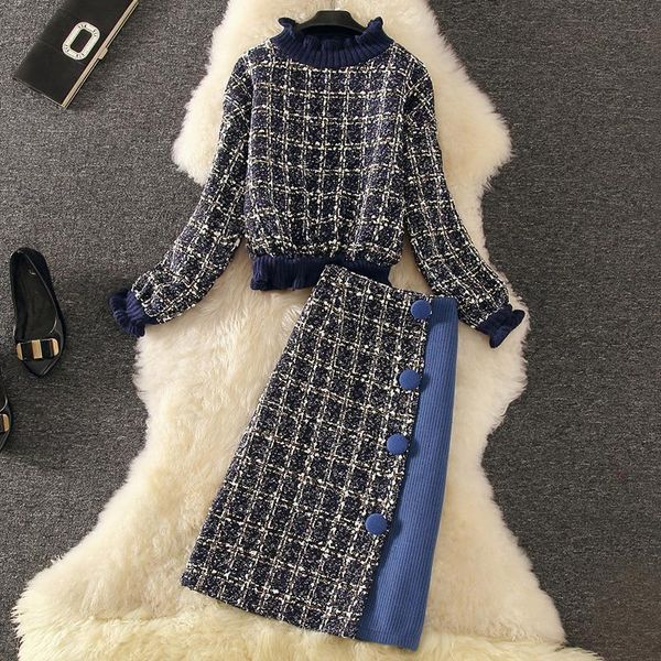 

elegant plaid 2 pieces sets new autumn winter women tweed two pieces sets woolen skirts suits pullover jumpers skirt sets, Gray