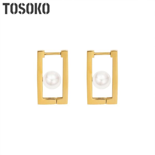 

TOSOKO Stainless Steel Jewelry Geometric HollowBox Imitation Pearl Earrings For Women's Retro Earrings BSF371, Silver