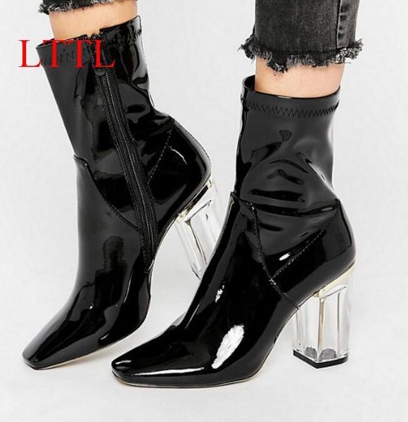 

lttl women patent leather ankle boots pointed toe perspex heel 9cm clear chunky heels 2020 designer shoes1, Black