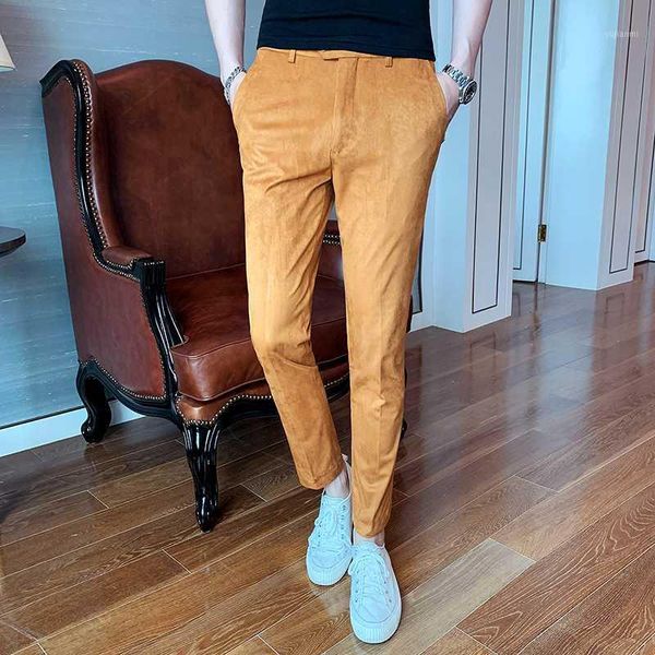 

2020 new pure color mens suit pants corduroy trousers business casual pants men slim green yellow black pant, White;black