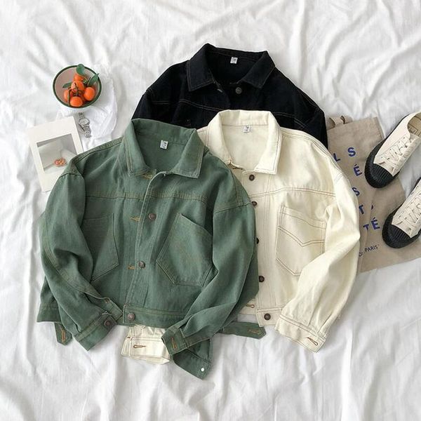 

plus size vintage solid women jean jacket 2020 autumn korean loose long sleeve short denim jackets casual female jeans coat1, Black;brown