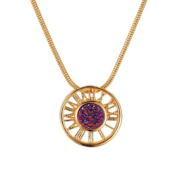

chains round purple natural stones druzy quartz crystal hollow out gold colors plated pendant for women fashion snake chain necklace, Silver