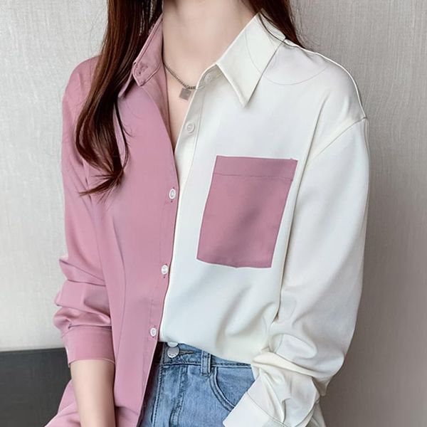 

women's blouses & shirts long sleeve pockets chiffon blouse shirt women blusas mujer de moda 2021 turn down collar office blusa d630, White