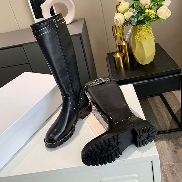 

genuine real cow leather designer knee boots with rivets flat heel shoes ladies slipon knight boots flat motorcycle boots, Black