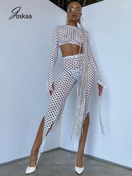 

joskaa see through hollow out 2021 women long sleeve crop blouse pants cover up bottoms matching set female streetwear1, Gray