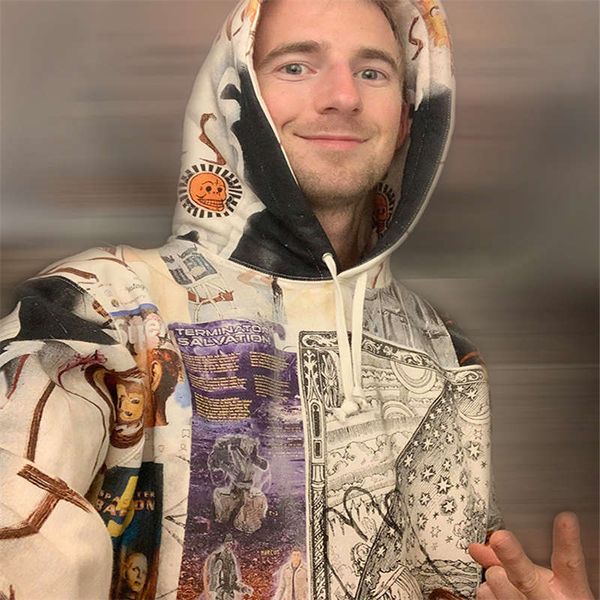 

winter new fashion men's unique artists style fantastic world reggae printing doodle and fleece oversize hoodies size s-xl, Black