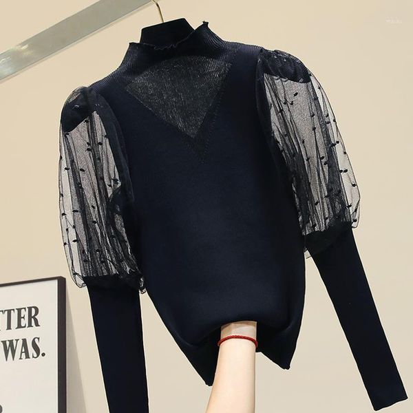 

shintimes 2021 autumn and winter blouse women korean style turtleneck lace patchwork long sleeve shirts knitted ladies 1, White