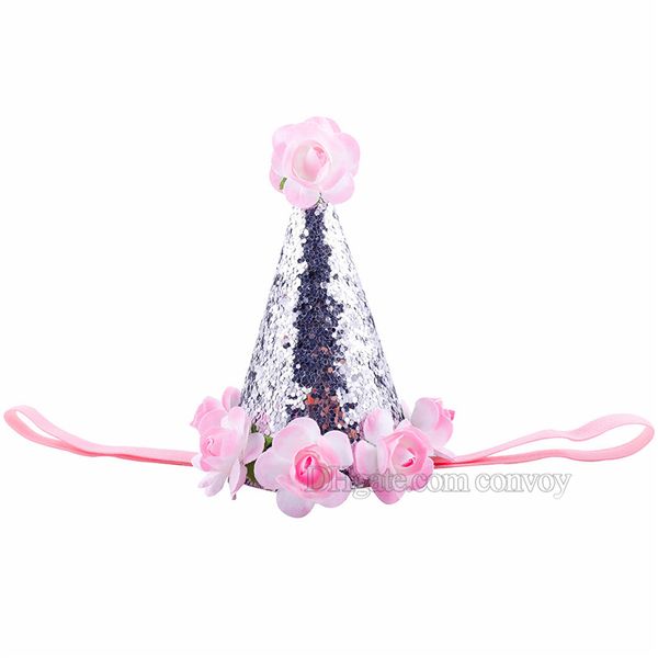 

cute baby flower headbands kids crown rose hairband girls birthday party supplies princess glitter tiara hat boutique hair accessories, Slivery;white