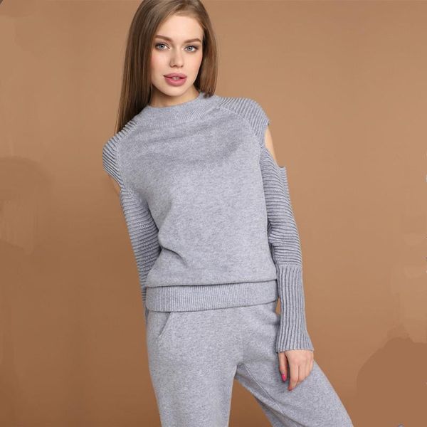 

women's 2 piece set handmade beading knitting sweater + casual pants suit set office lady outfits 2021 knitted tracksuit long, Gray
