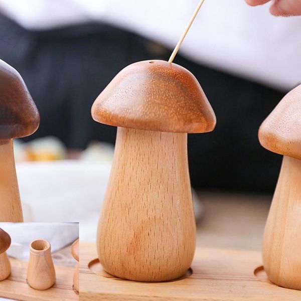 

houten paddestoel vormige opslag tandenstoker pot holder unieke opslag tandenstoker container thuis organisator restaurant decor1