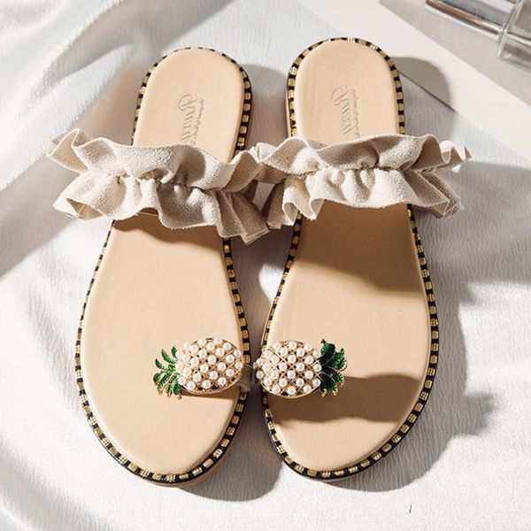 

trend pineapple pearl women slippers summer beige flat string bead flip flops casual shoes women holiday fruit slides slippers, Black