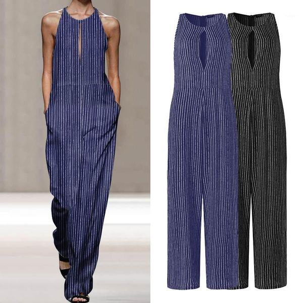 

vonda women' jumpsuits sleeveless party overalls pockets vintage striped rompers and jumpsuits 2020 summer wide leg pants1, Black;white