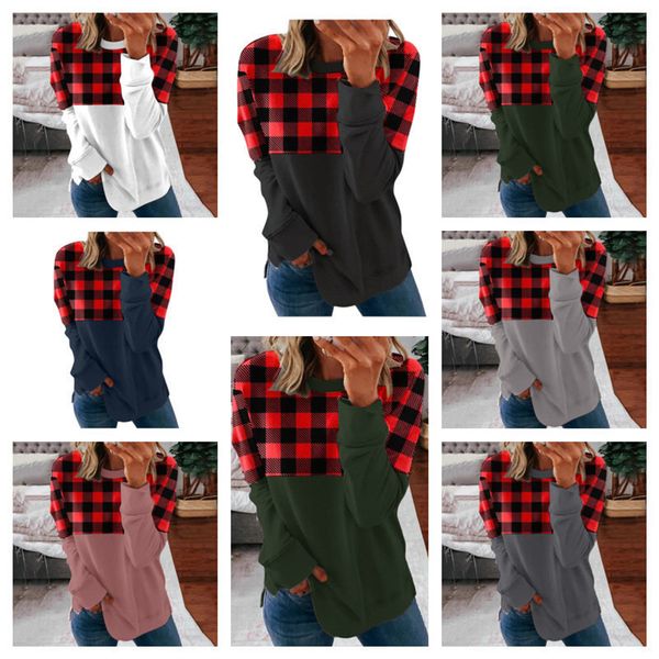

plus size spring autumn women patchwork plaid t-shirt long sleeve round necks fashion loose blouse casual sports home clothes g11401, Blue;red