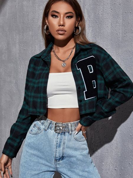 

plaid print drop shoulder crop blouse p6i5#, White