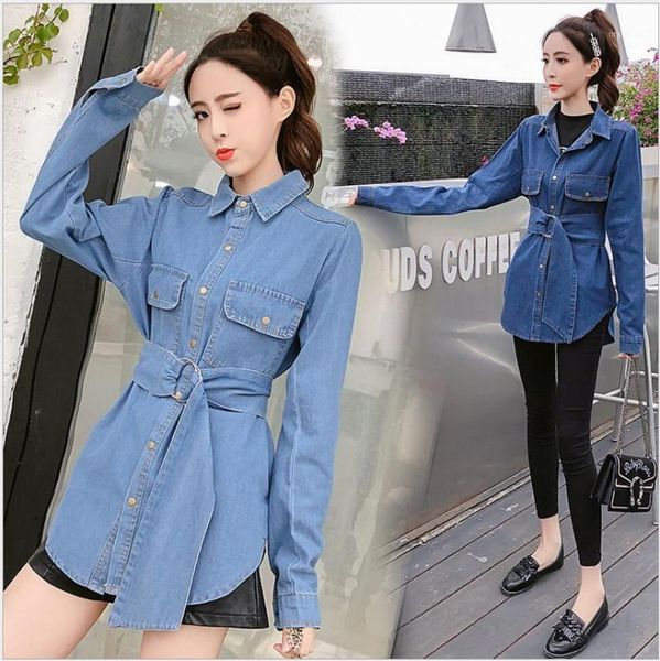 

2020 new spring women's casual long sleeve ring belt denim shirt lapel retro jeans blouse autumn 1, Black;brown
