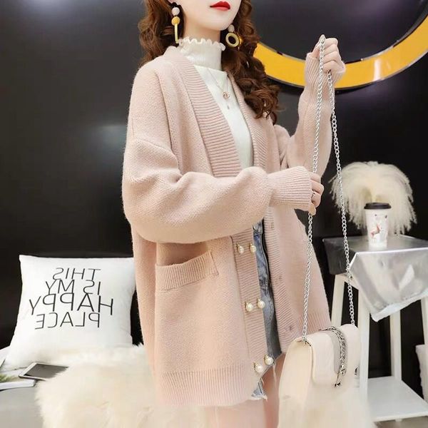 

female cardigan new korean winter released solid color velvet pearl nightgown double-breasted fashion jacket uwj6, White;black
