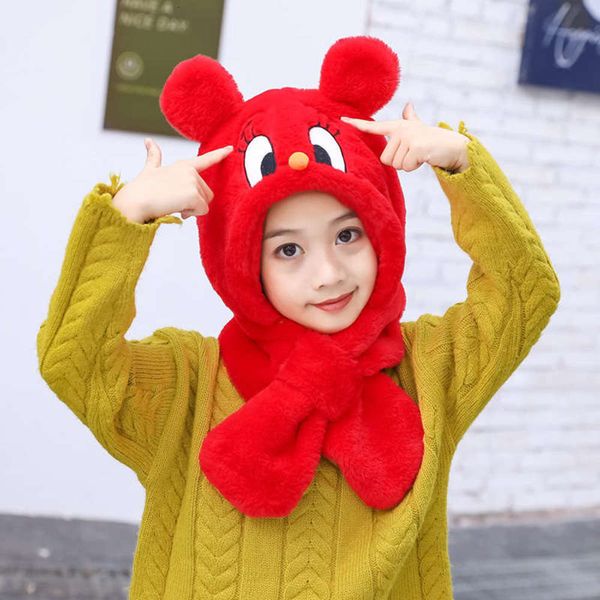 

baby hat autumn winter boys cartoon and girls lovely warm windproof ear cover neck cross one scarf, Red;brown