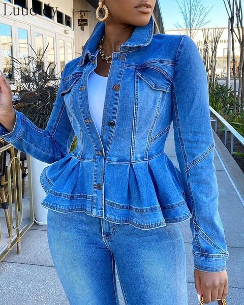 

women's jackets women ruffle hem denim jacket turn-down collar pocket design coat oversize outerwear coats, Black;brown