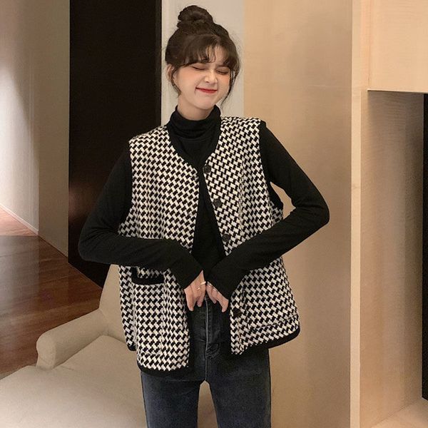 

2021 new vintage tweed sleeveless vest jacket black pockets hound stooth chess y168 tw4y, Black;white