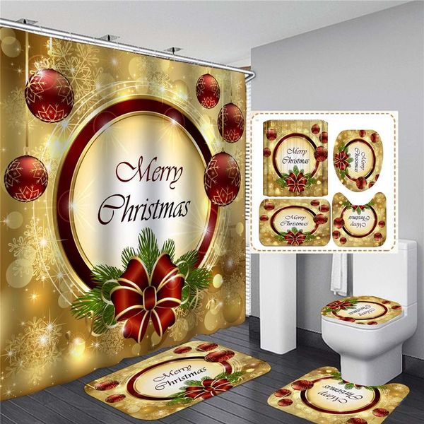 

merry christmas shower curtain santa claus bathroom set snowman bell pattern bath curtains non slip toilet cover floor wmtywo