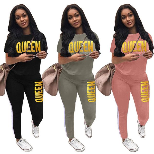 

summer sportswear women designer tracksuit queen letters printed stamping gold t shirts pants leggings two piece casual outfit clothes h2103, White