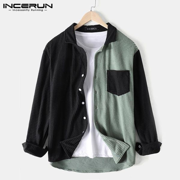 

hombre pockets harajuku blusas incerun vintage patchwork shirts men leisure long sleeve lapel camisa loose button chemise s-3xl1, White;black