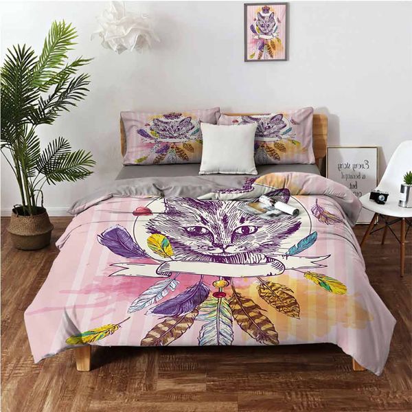 

hand drawn head of cat with crown sketchy boho ink drawing style hippie animalbedding 3-piece set