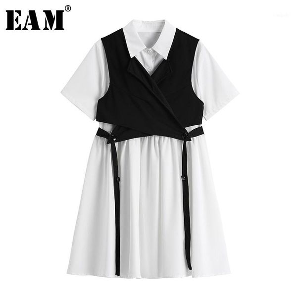 

eam] women white cross bandage split shirt dress new lapel short sleeve loose fit fashion tide spring summer 2020 1w8291, Black;gray