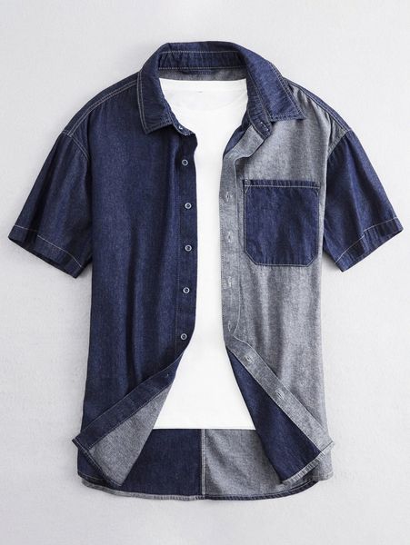 

men color block denim shirt r1bk#, Blue