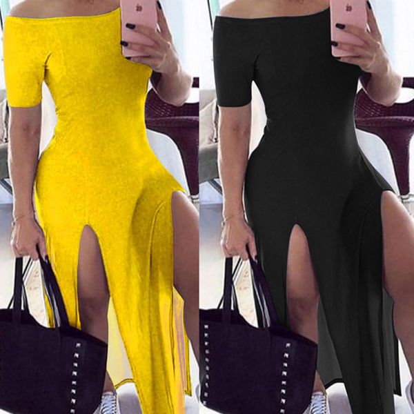 

off shoulder high split party dress black gray yellow maxi dress women nightclub bodycon dresses ladies fashion long dress