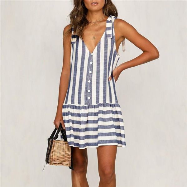

2019 womens striped printed button v neck sleeveless casual mini dress faldas mujer vestidos vestido robe femme sukienki, Black;gray