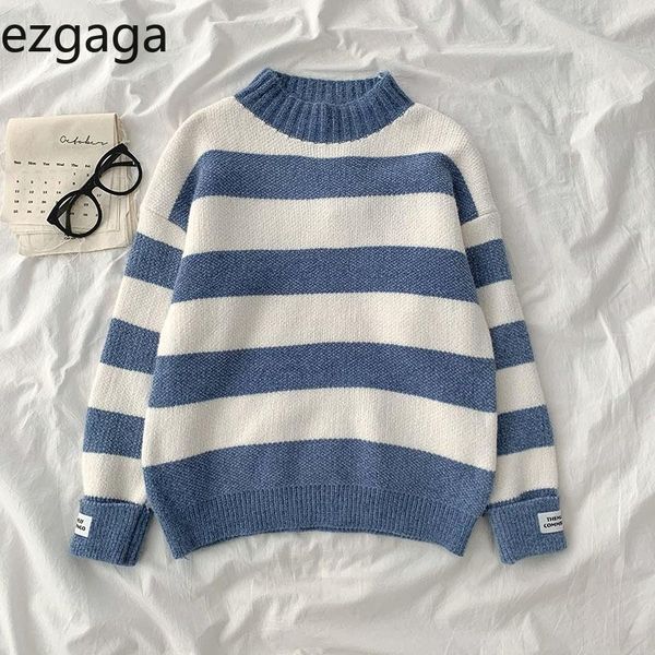 

women's sweaters ezgaga stripe sweater pullover women 2021 autumn korean fashion embroidery letter streetwear loose ladies knitted, White;black