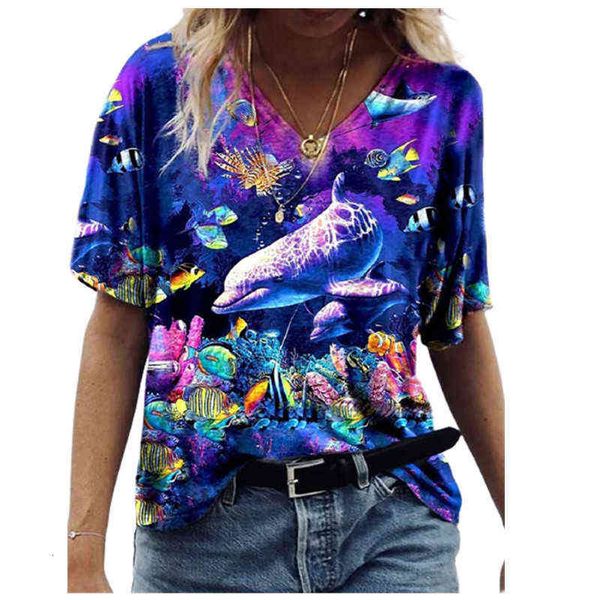 

women's t-shirt 2022 marine animal print short sleeve t-shirt blouse, White