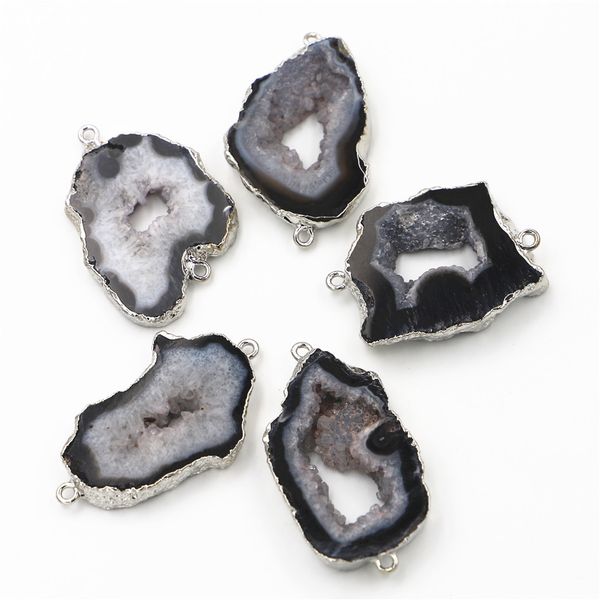 

new 5pcs natural stone black agates slice connectors irregular raw onyx druzy pendants for diy jewelry making wholesale q1209, Bronze;silver