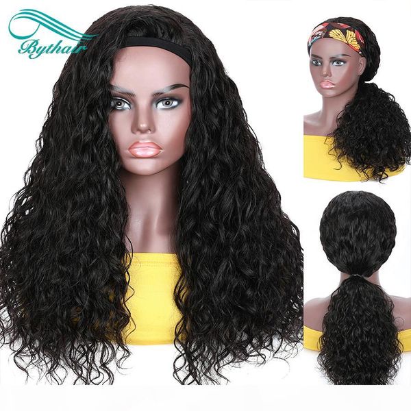 

bythair headband human hair wig deep curly wig high density full machine made human hair wig with headband no glue no gel, Black