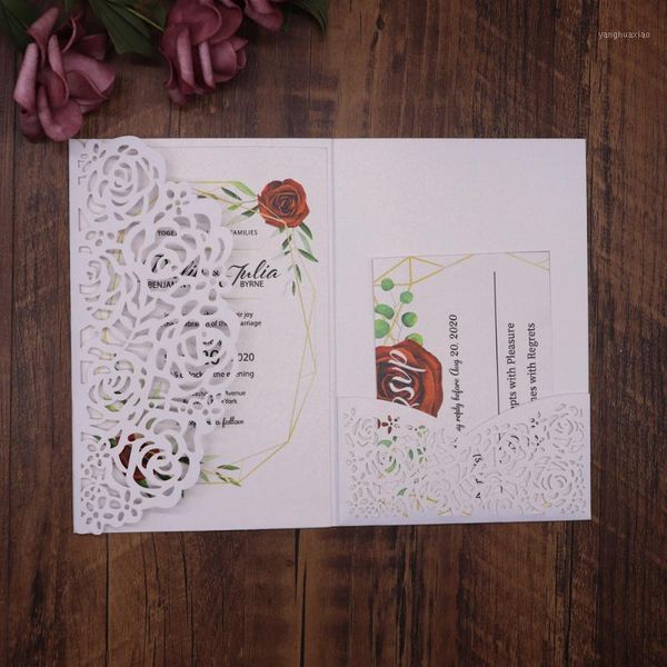 

greeting cards 40pcs/pack wedding invitation rose laser cut shinny pearl paper lace invitations party birthday favor1