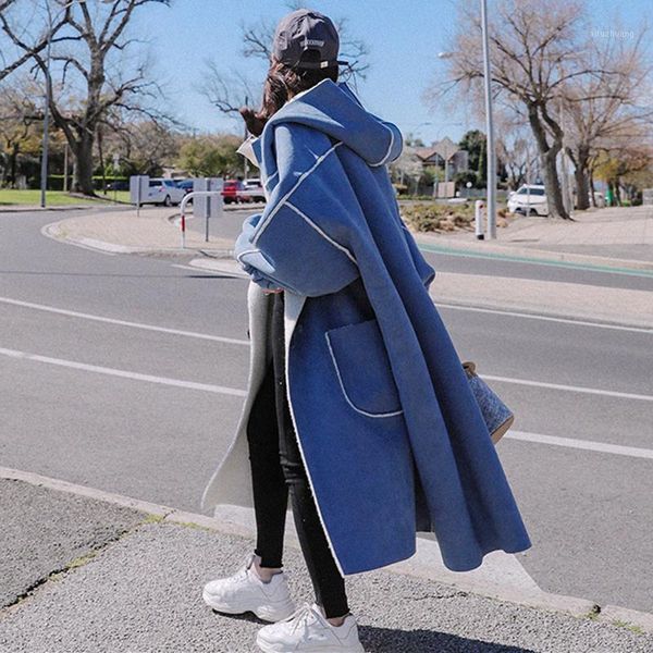 

winter oversized hooded parka women 2020 new lamb wool blue loose overcoat thicken warm cottom padded long jacket outwear female1, Black