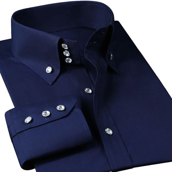 Bottoni con diamanti cuciti a mano Camicie eleganti da uomo Manica lunga Nero Business di lusso Moda Slim Fit Collo alto Camicetta occidentale L303F