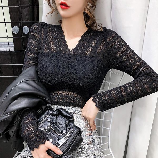 

2020 spring summer lace base unlined upper garment female v neck build hollow-out long-sleeved slim small unlined upper garment1, White