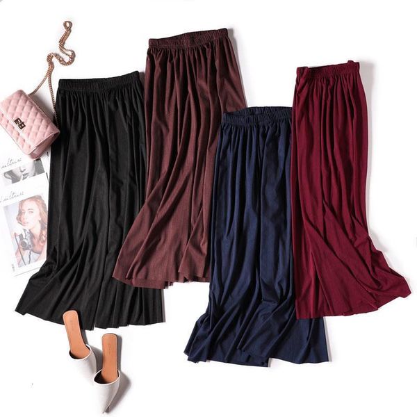 

summer loose ice silk striped wide leg pants women elastic waist thin chiffon trouser vintage plus size beach leggings, Black;white