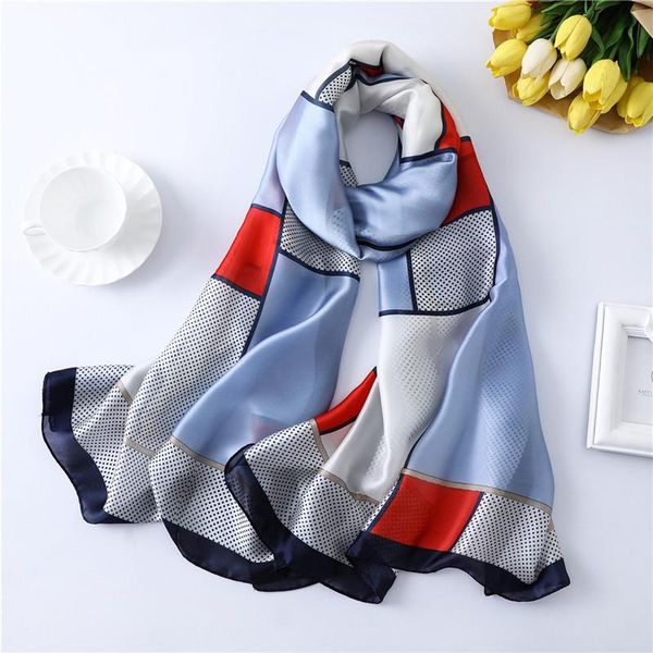 

scarves women geometric plaid silk scarf beach shawl pareo foulard summer wrap female stoles bandana ladies muffer, Blue;gray