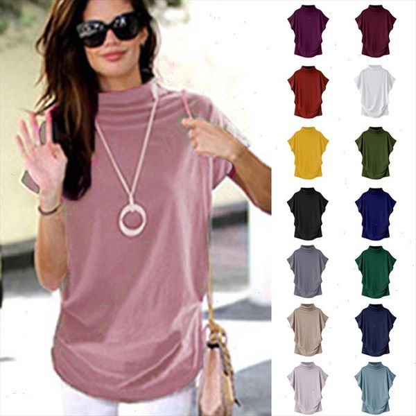 

2021 new women casual summer t shirt short batwing sleeve loose solid turtleneck tee shirt 2021 t shirts femme tees, White