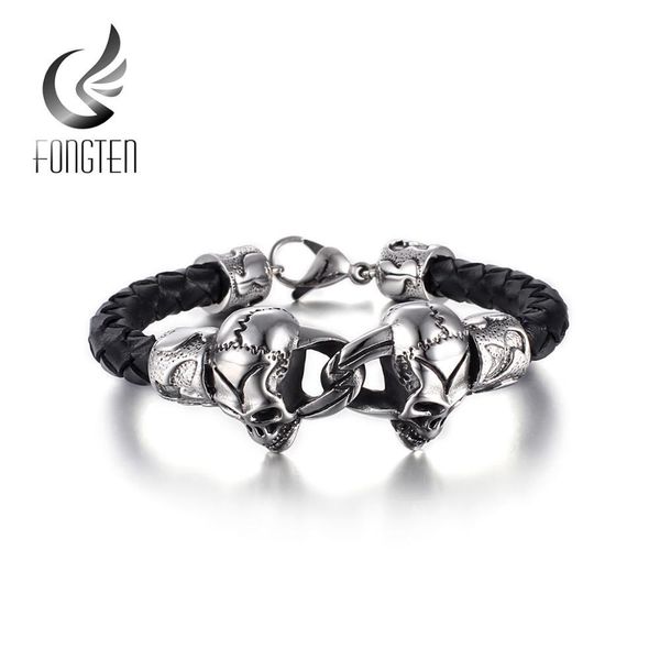 

fongten skull head black плетеный кожаный браслет мужчины из нержавеющей стали панк-мужчина викинговые браслеты ювелирные изделия jlllzh, Bronze;silver