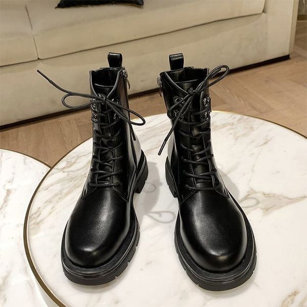 

2021 new ankle ladies short buckle boots lace pu leather zippers up thick heels women fashion shoes footwear 1 xlfc, Black