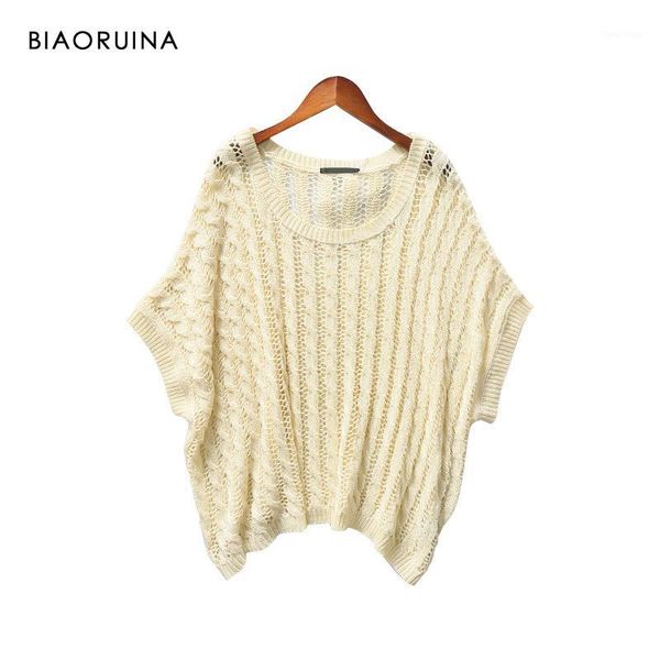 

biaoruina women's cotton all-match o-neck hollow out pullover short batwing sleeve female elegant beige loose knit sweater1, White;black
