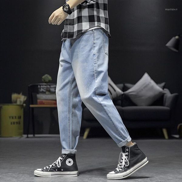 

men's stretch loose fit jeans brand new scratched pants torn men's solid cotton vintage washed jeans trousers menswear1, Blue