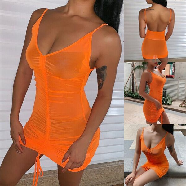 

2019 womens fluorescent one piece dress see through mesh beach party costumes transparent lace up nightdress robe femme, Black;gray
