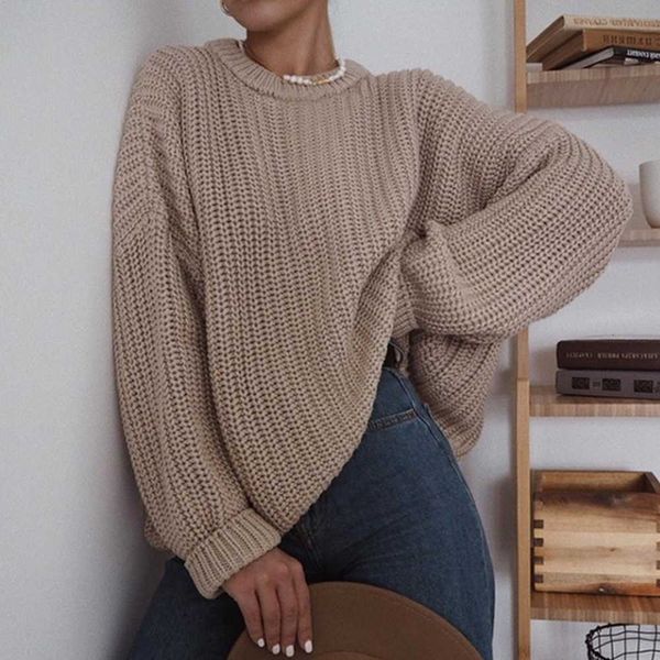 

autumn winter women's knitted sweater women long plus size chunky crew neck pullover solid cashmere sweaters, Black;brown