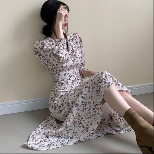 

puff long sleeve flower dress chiffon vestido midi a line elegant bohemian spring korean summer beach green vestiti donn, Black;gray